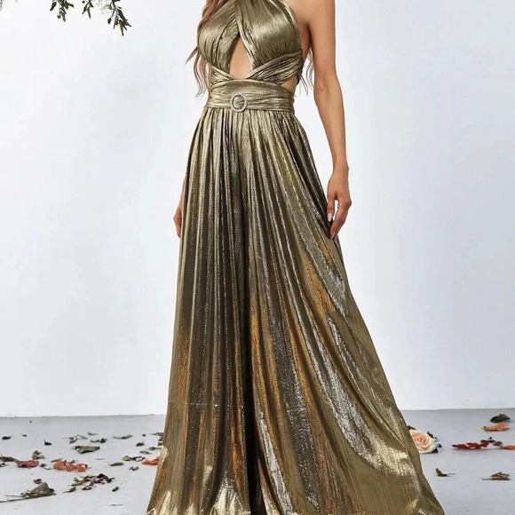 Bronze Women's Cross Wrap Front Backless Metallic Halter Wide Leg Jumpsuit - Picture 3 of 6